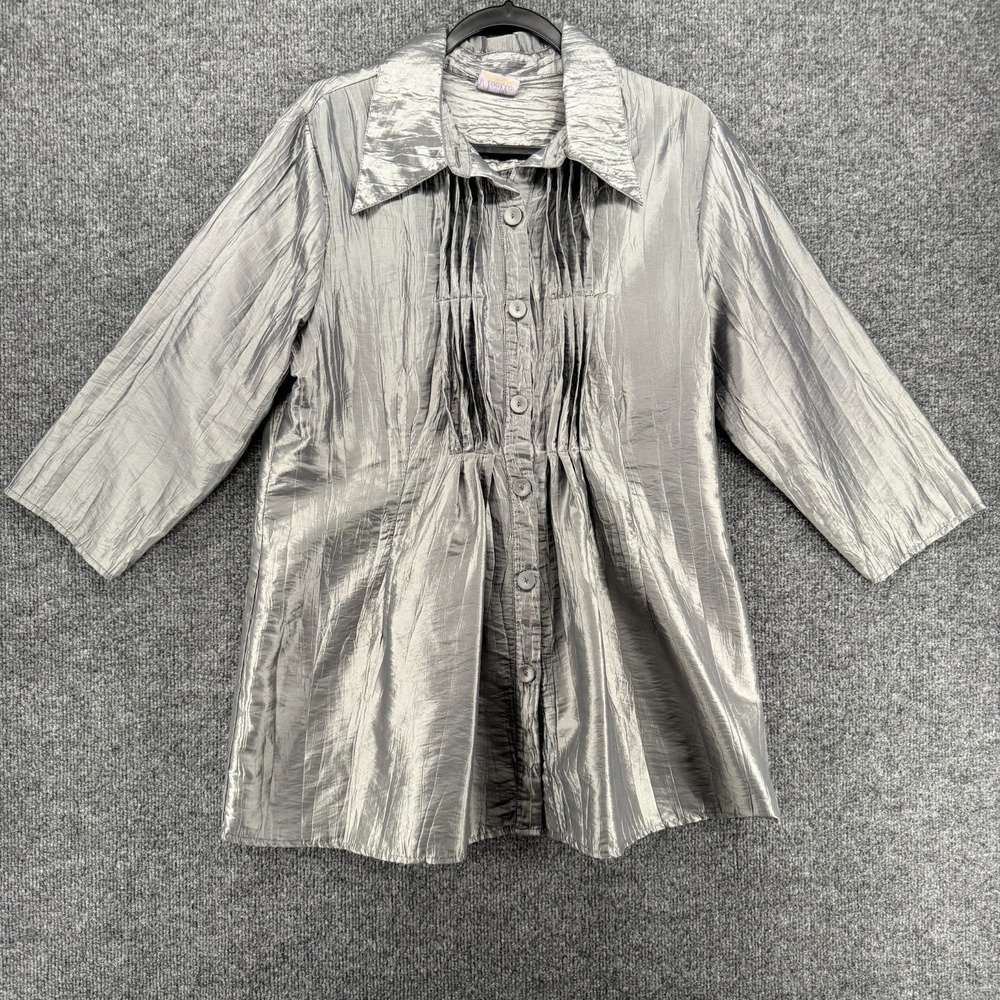 Noelle Blouse Top Womens 12 Tunic Silver Pleated Button Up Abstract Artsy Formal
